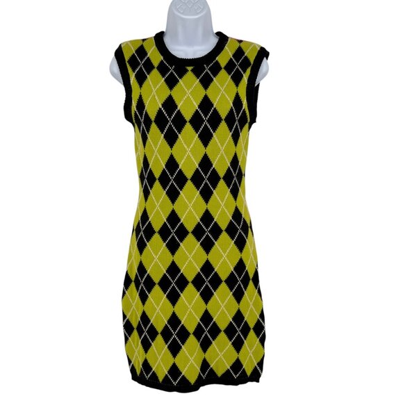 The Ragged Priest Sleeveless Argyle Knit Dress Black Lime Green Pink Size Small - Picture 1 of 11